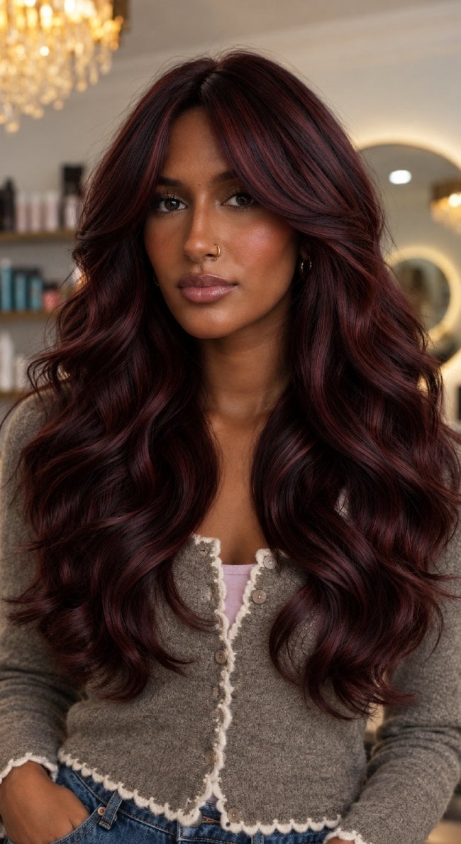 Crimson Black Cherry Hair Long Cascading Waves: Fall Hair Colors