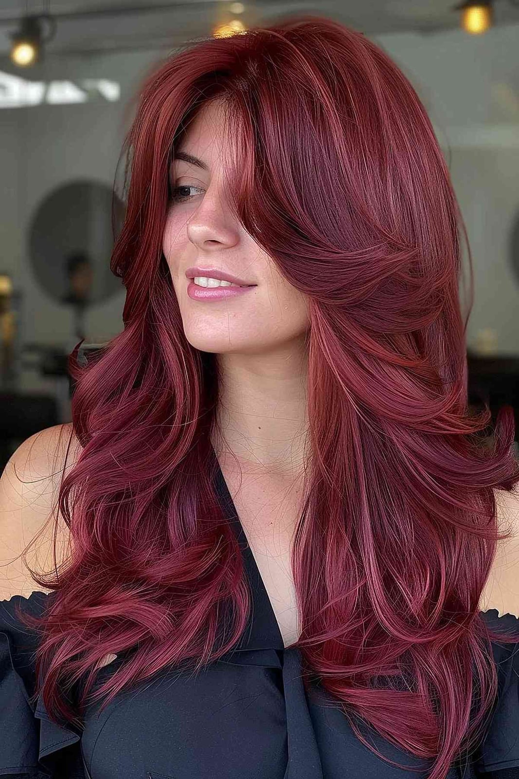 Shag Cut With Curtain Bangs In Cherry Red — Cherry Red Hair