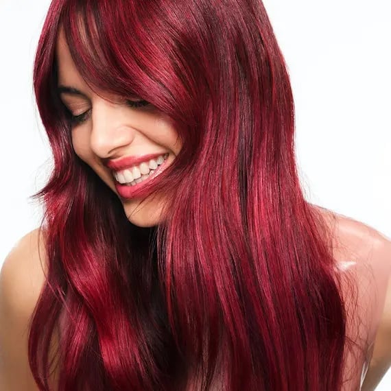 Vibrant Cherry Red Collarbone Length With Curtain Bangs — Cherry Red Hair