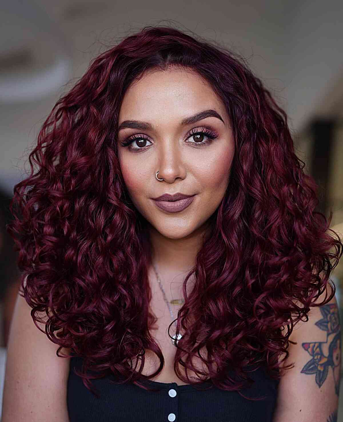 Cherry Red With Curtain Bangs And Voluminous Blowout — Cherry Red Hair