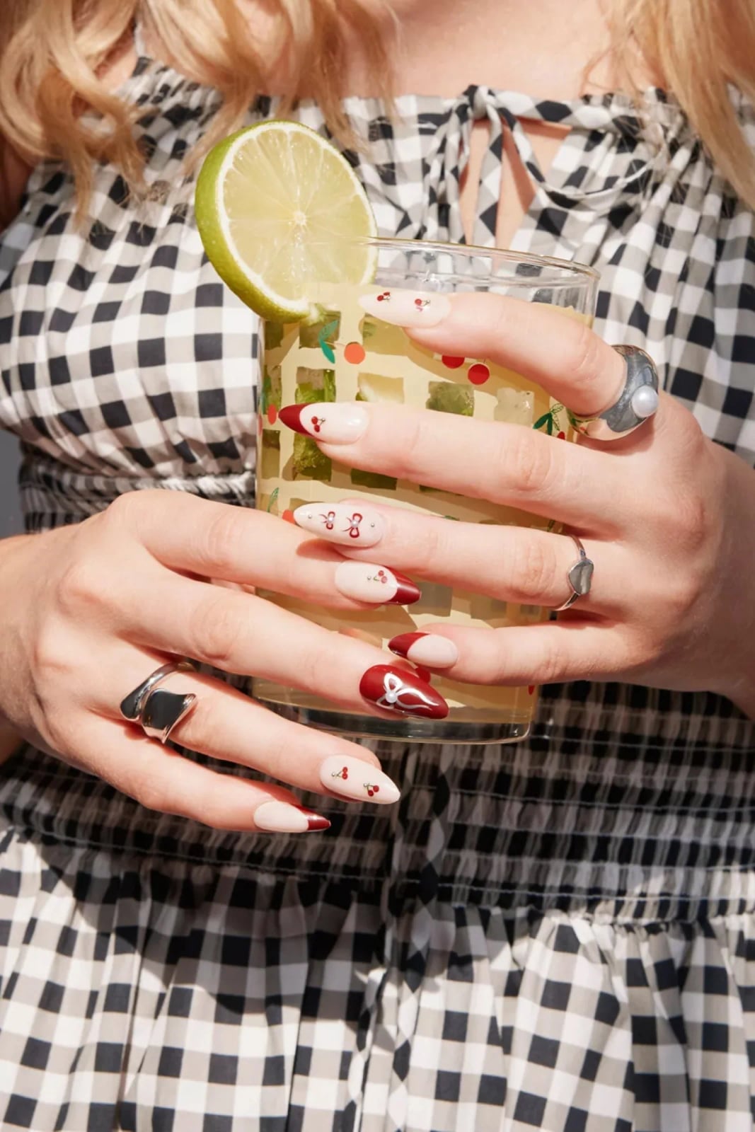 Almond Nails With Cherry Motifs And Bows — Cherry Red Nails