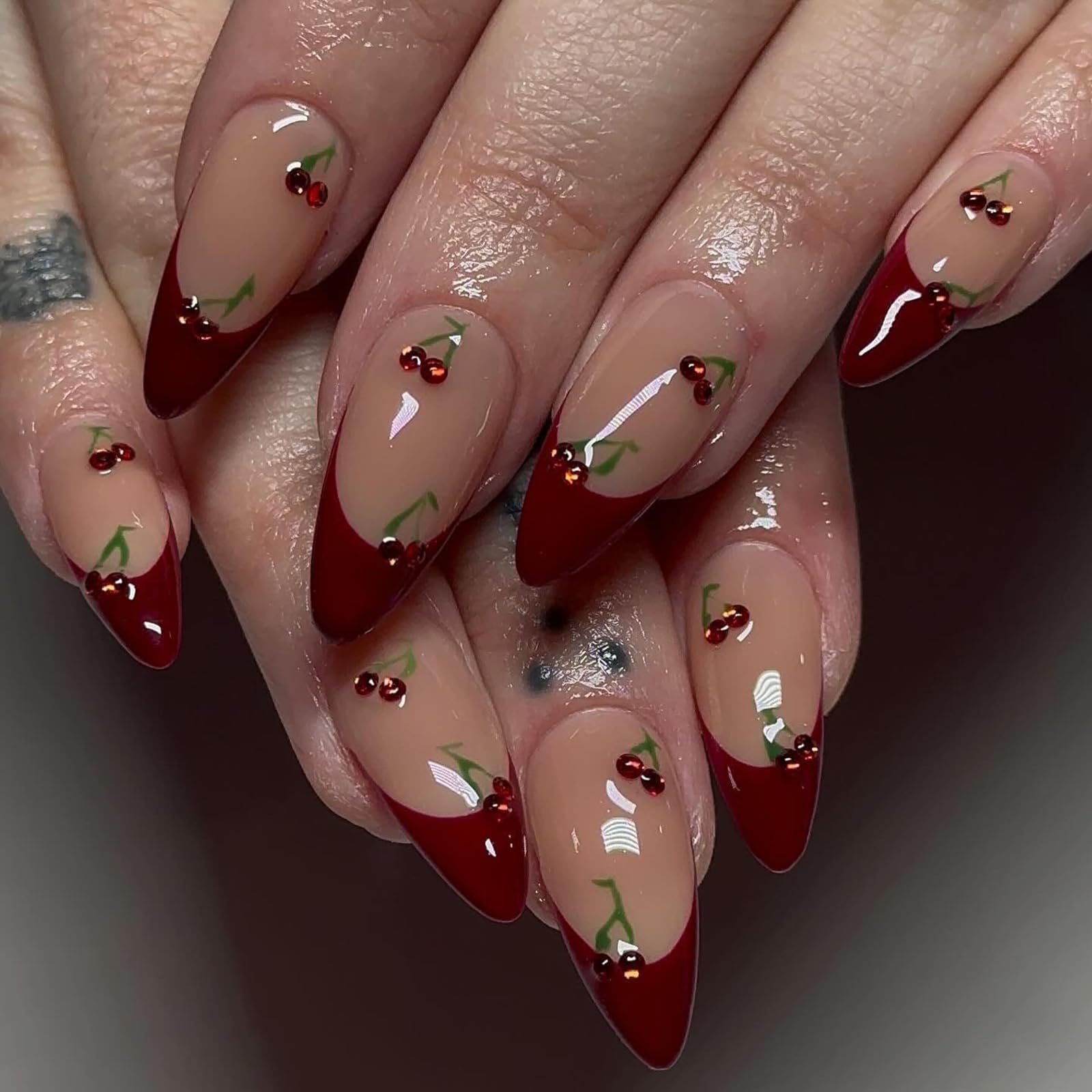 Long Stiletto Nails With Cherry Motif French Tips — Cherry Red Nails