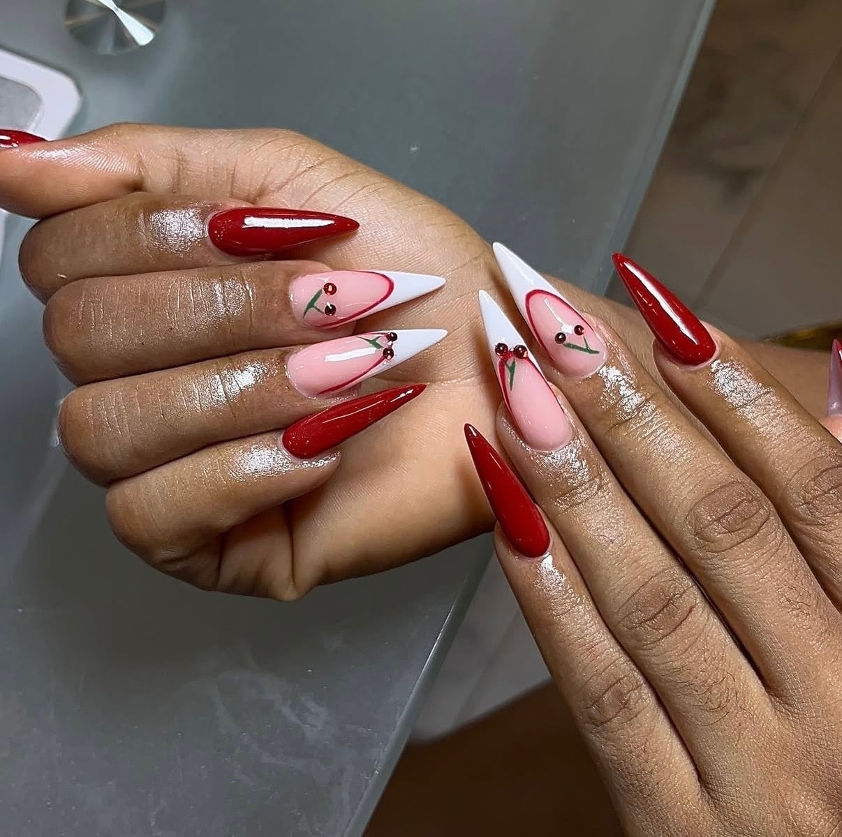 Long Stiletto Nails With Cherry Design Accents — Cherry Red Nails