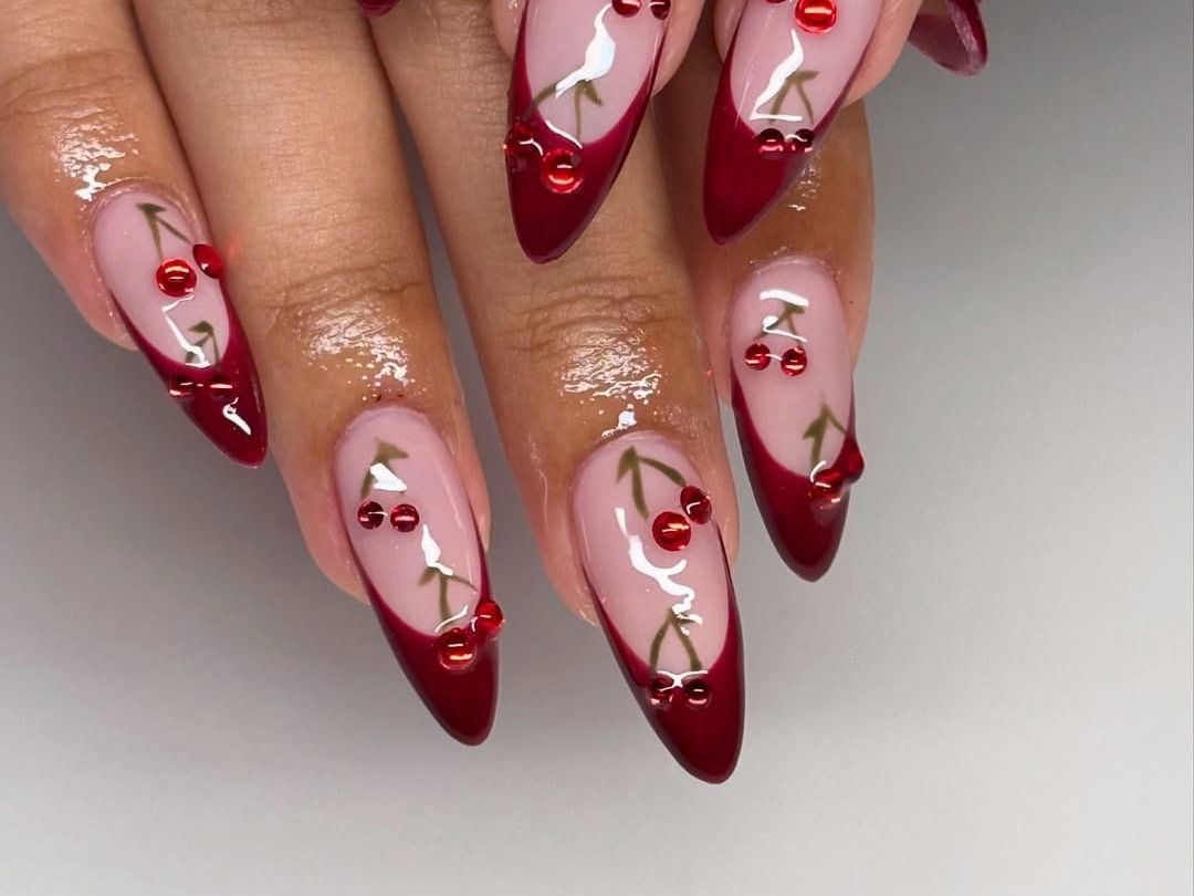 Long Stiletto Nails Deep Red French Tip With Cherries — Cherry Red Nails