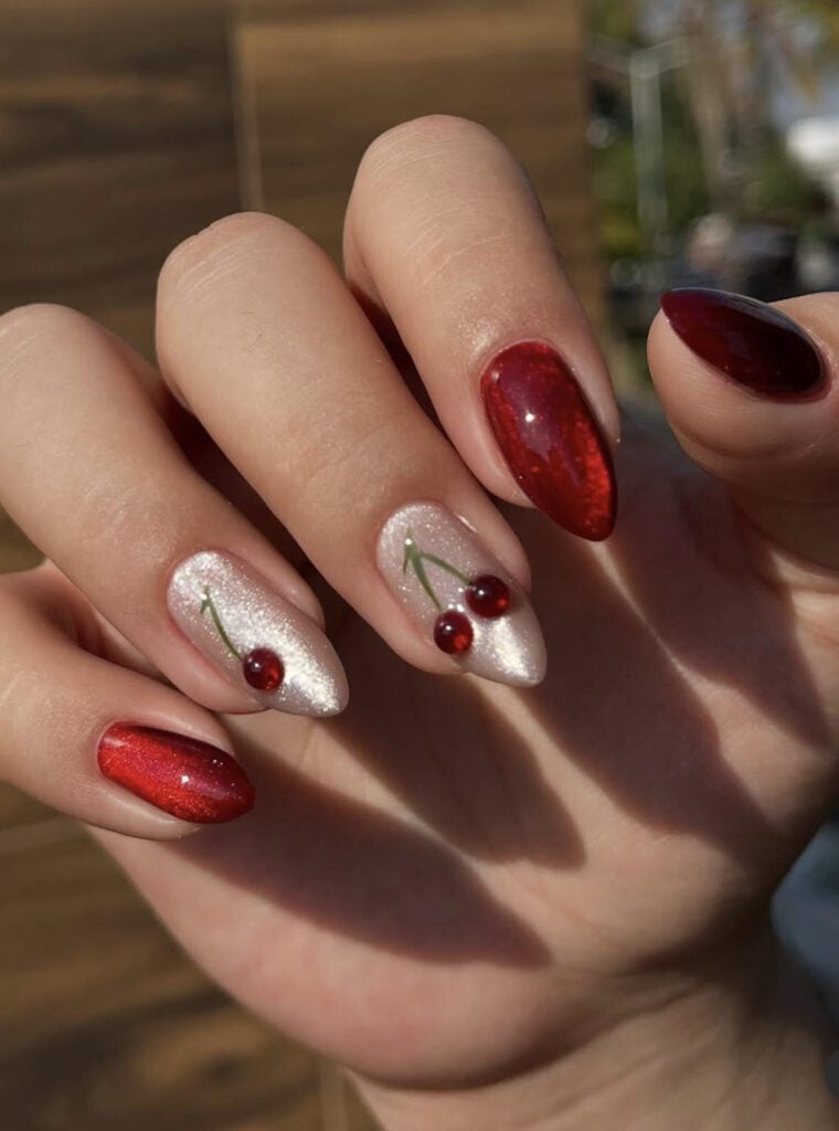 Long Stiletto Nails With Cherry Motif French Tips, Close-Up Take — Cherry Red Nails