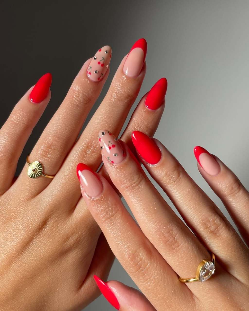 Medium Almond Nails With Cherry Motifs And French Tips, High Gloss — Cherry Red Nails