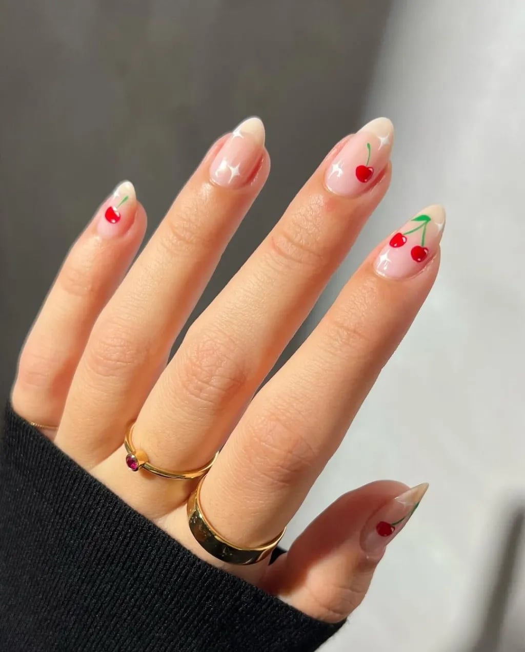 Medium Almond Nails With Cherry Motifs And Stars — Cherry Red Nails
