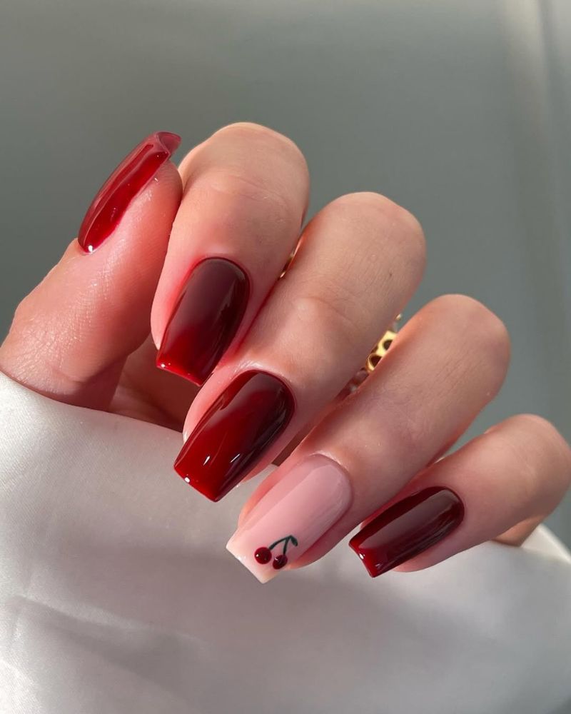 Medium Square Nails With Sheer Pink Cherry Design — Cherry Red Nails