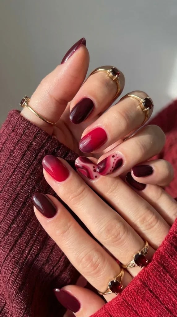 Medium Oval Nails With Red Gradient And Swirls — Cherry Red Nails