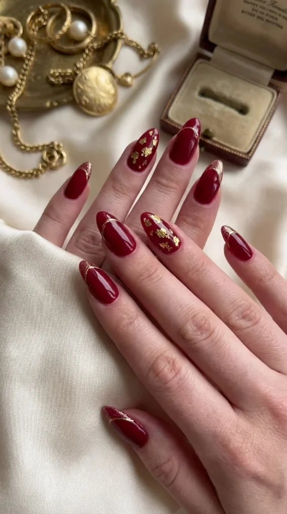 Medium Almond Nails With Deep Red And Gold Foil — Cherry Red Nails