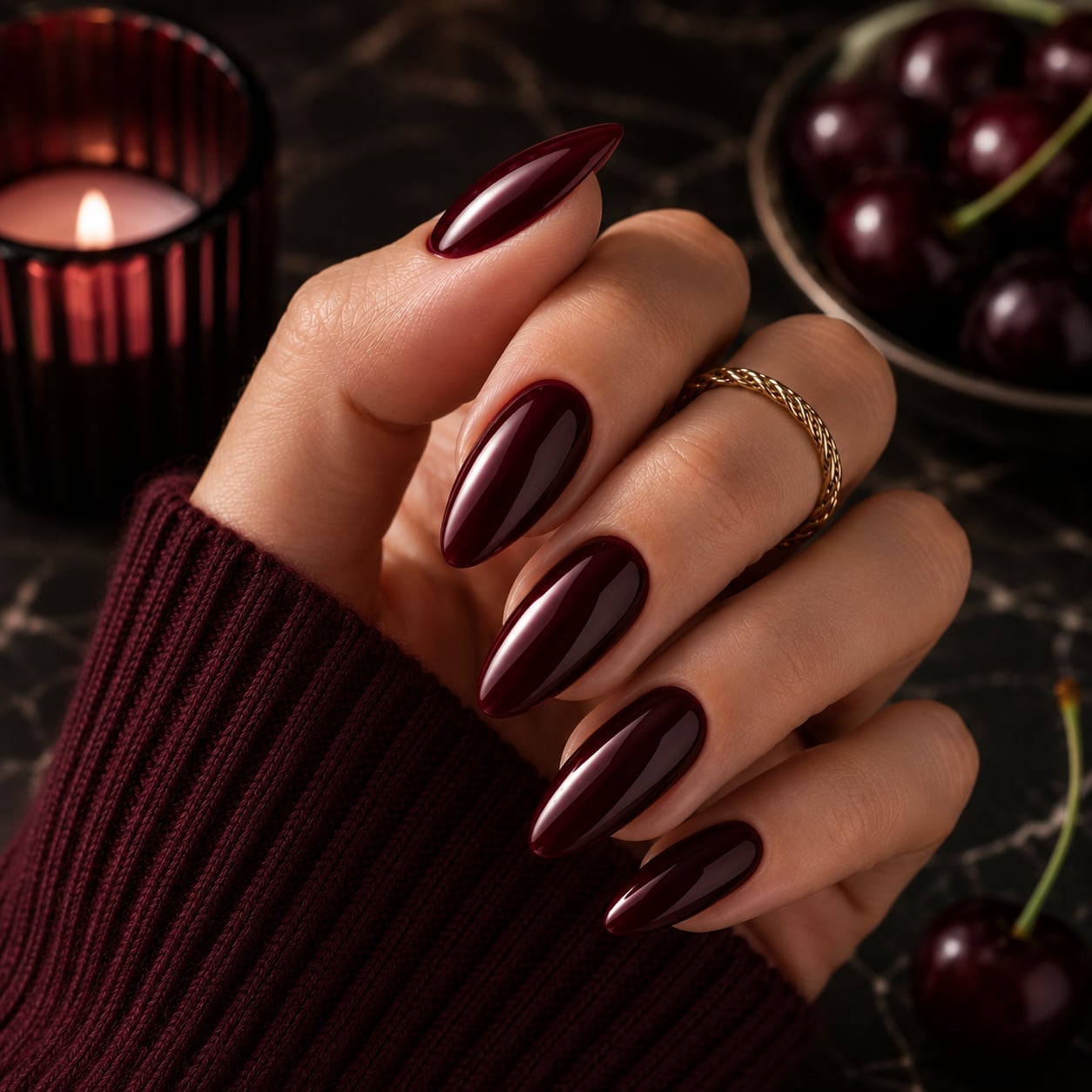 Medium Almond Nails In Deep Burgundy Red — Cherry Red Nails