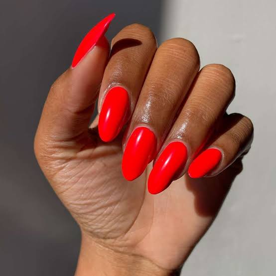 Long Stiletto Nails In Vibrant Glossy Red, Close-Up Take — Cherry Red Nails