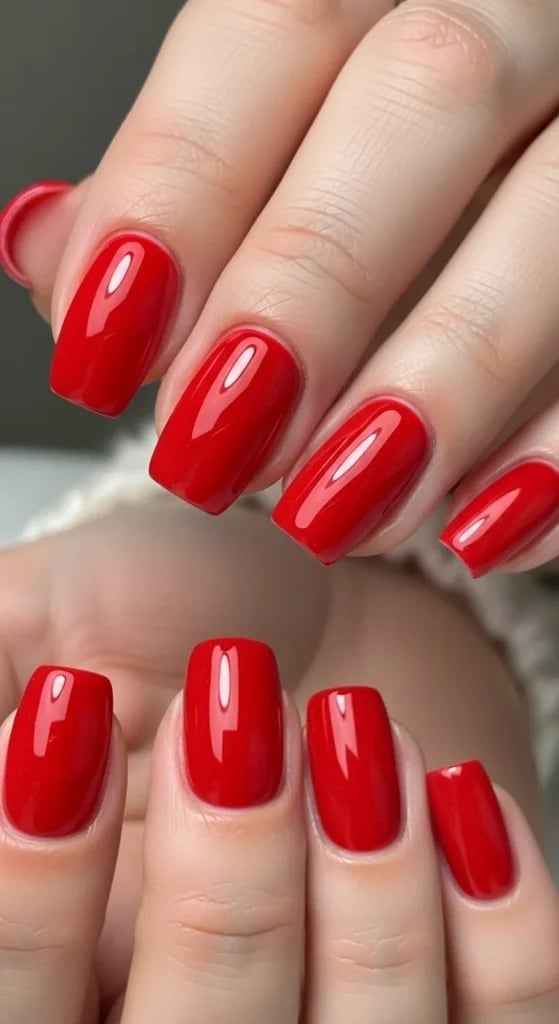 Short Square Nails In Vibrant Classic Red, Glossy — Cherry Red Nails