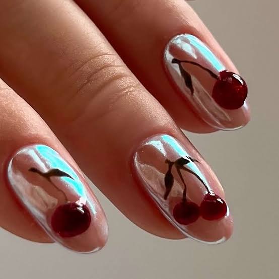 Medium Square Nails With 3D Cherry Motifs — Cherry Red Nails