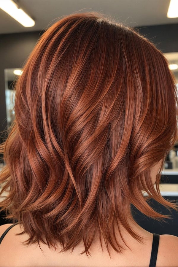 Mid-Back Wavy Blowout With Blended Highlights — Chestnut Red Hair