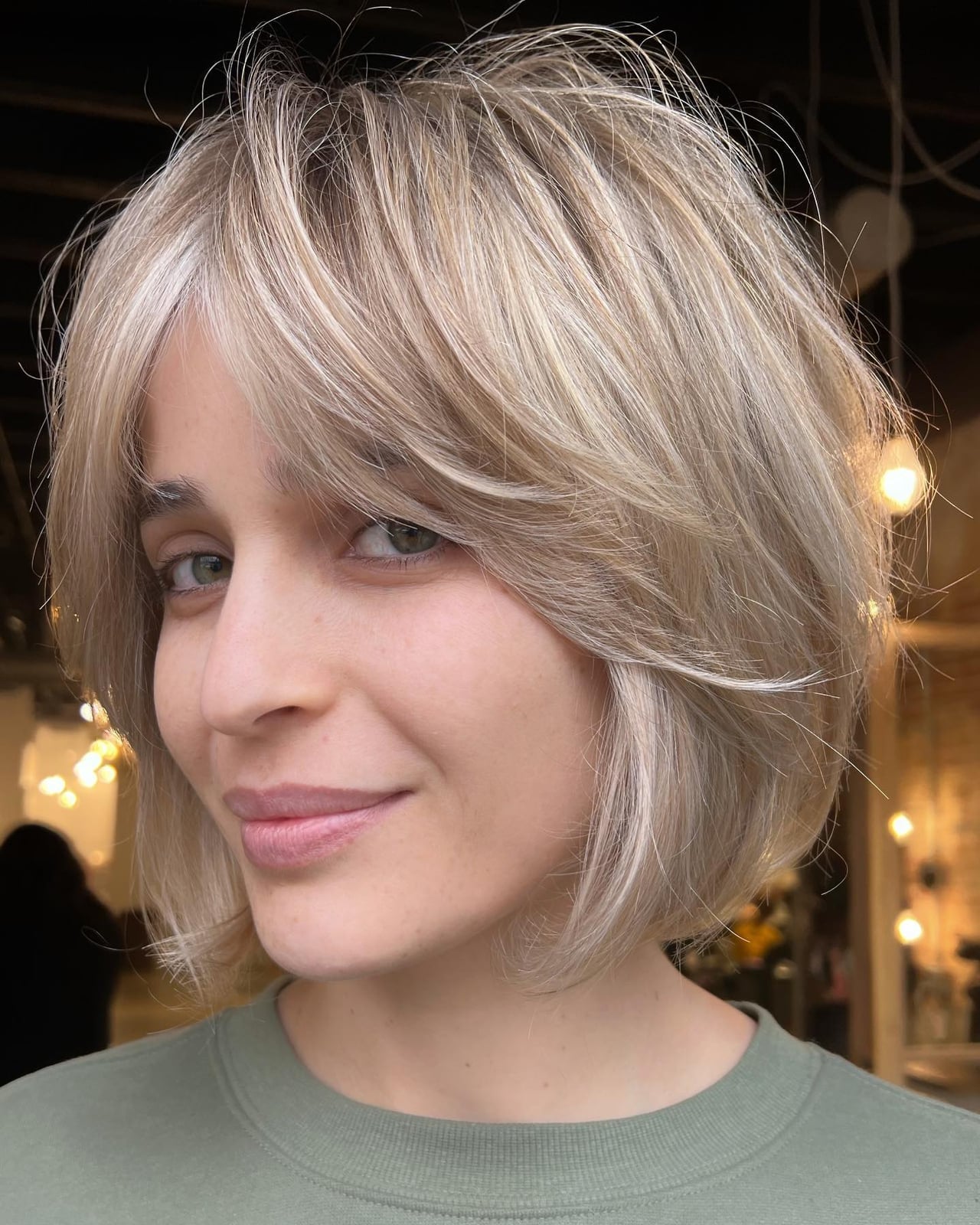 Light Blonde Bob Face Framing Layers, Wavy Light Blonde Bob Face Framing Layers, Wavy — Chin Length Bob