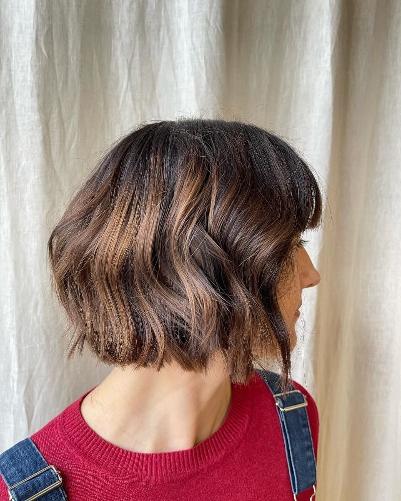 Dark Brown Bob Caramel Highlights, Wavy Dark Brown Bob Caramel Highlights, Wavy — Chin Length Bob