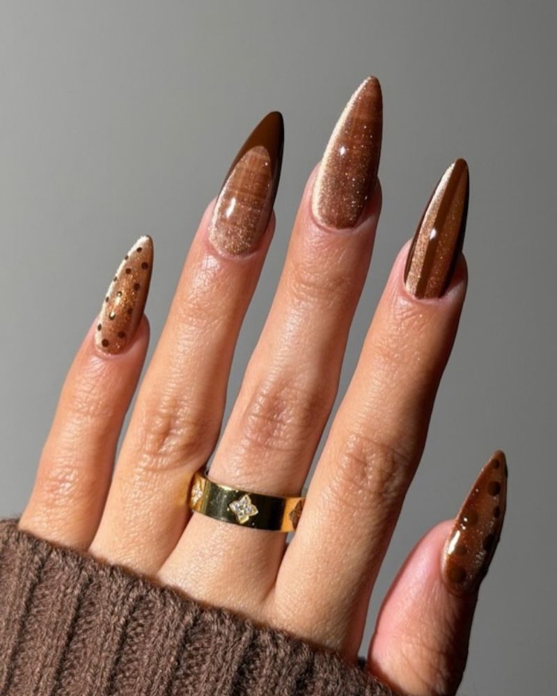 Shimmery Brown Cat Eye and Polka Dot Long Stiletto Nails Shimmery Brown Cat Eye and Polka Dot Long Stiletto Nails — Chocolate Brown Nails