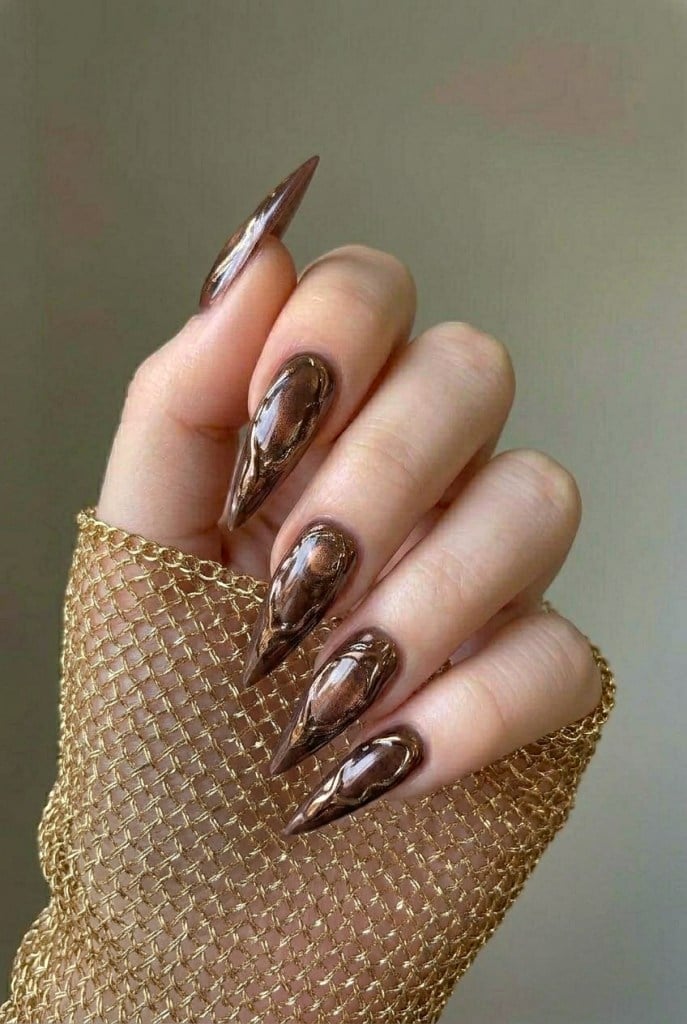 Abstract Swirl Metallic Chocolate Brown Chrome Coffin Nails Abstract Swirl Metallic Chocolate Brown Chrome Coffin Nails — Chocolate Brown Nails