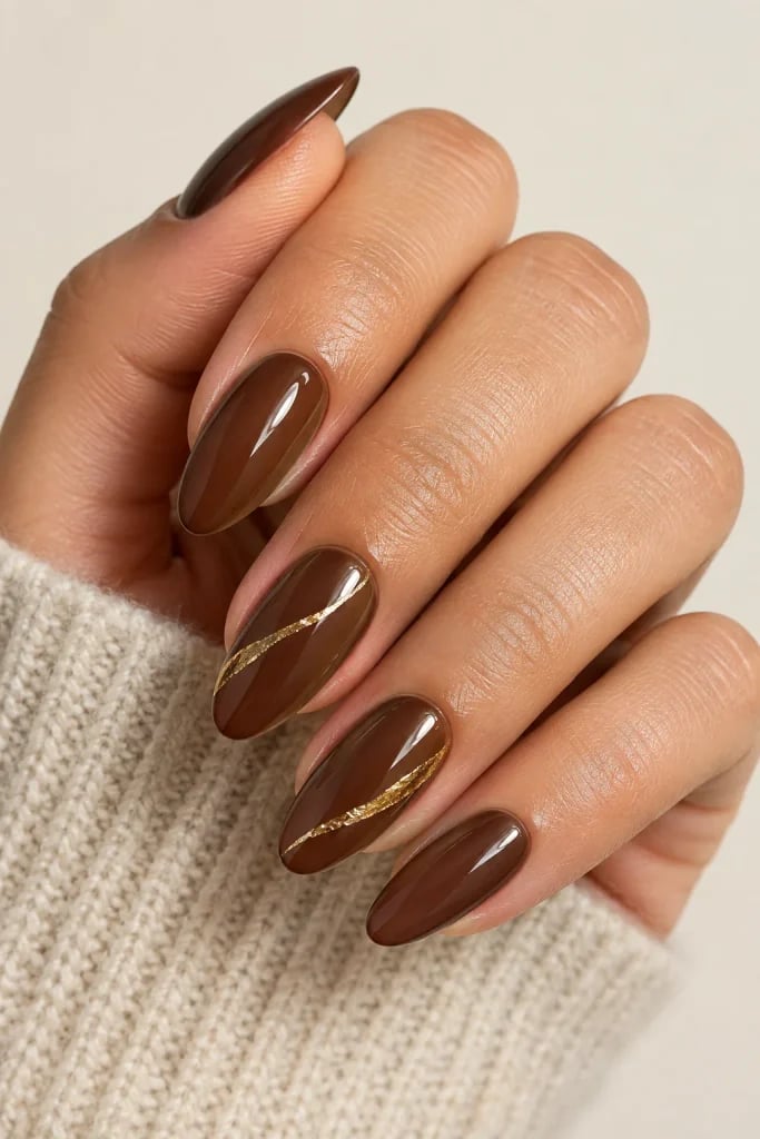 Gold Foil Stripe Medium Almond Brown Nails Gold Foil Stripe Medium Almond Brown Nails — Chocolate Brown Nails