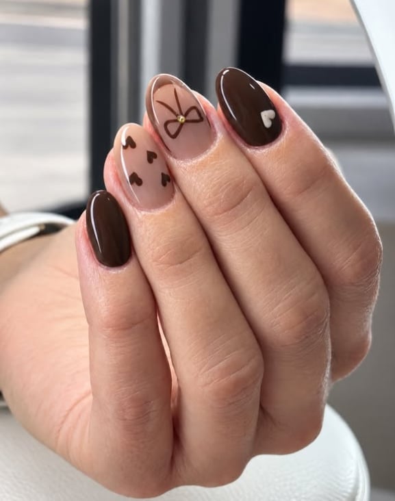 Brown Heart and Bow Medium Almond Nails Brown Heart and Bow Medium Almond Nails — Chocolate Brown Nails