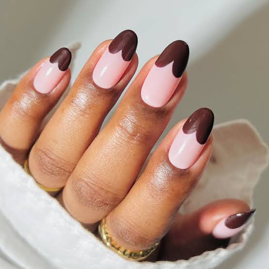 Chocolate Brown Heart Tip Medium Almond Nails, Glossy Chocolate Brown Heart Tip Medium Almond Nails, Glossy — Chocolate Brown Nails