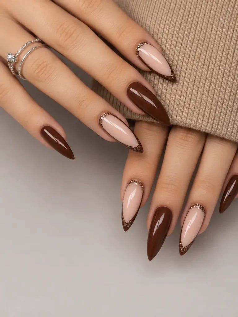 Deep Brown and Sheer Nude Long Stiletto French Nails Deep Brown and Sheer Nude Long Stiletto French Nails — Chocolate Brown Nails