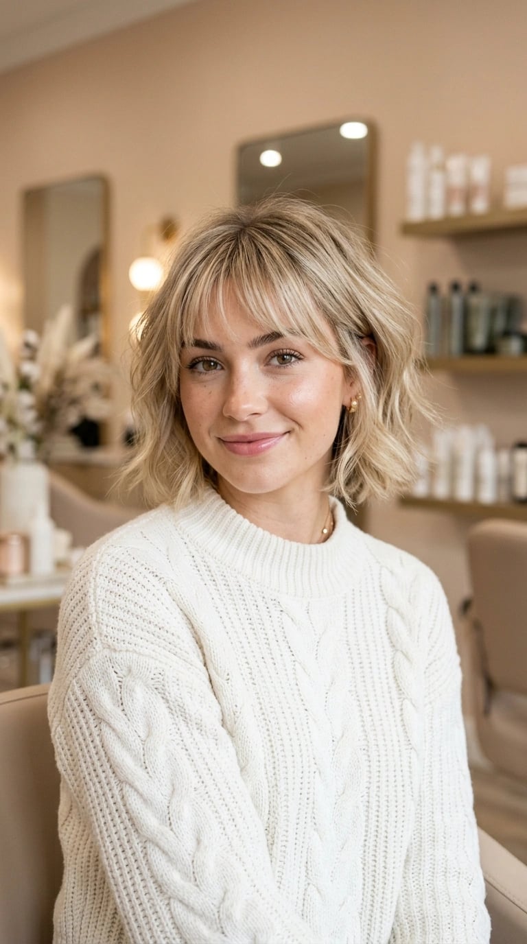Chin Length Bob With Wavy Texture And Curtain Bangs — Choppy Bob