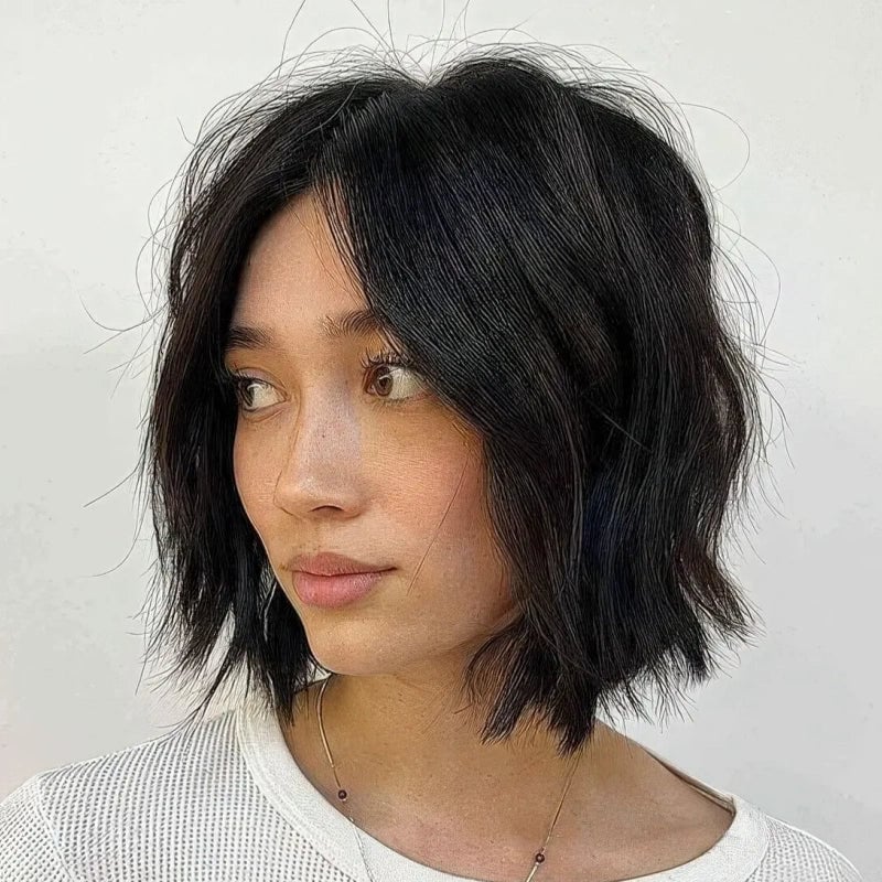 Chin Length Bob With Short Choppy Bangs, Dark Brown — Choppy Bob