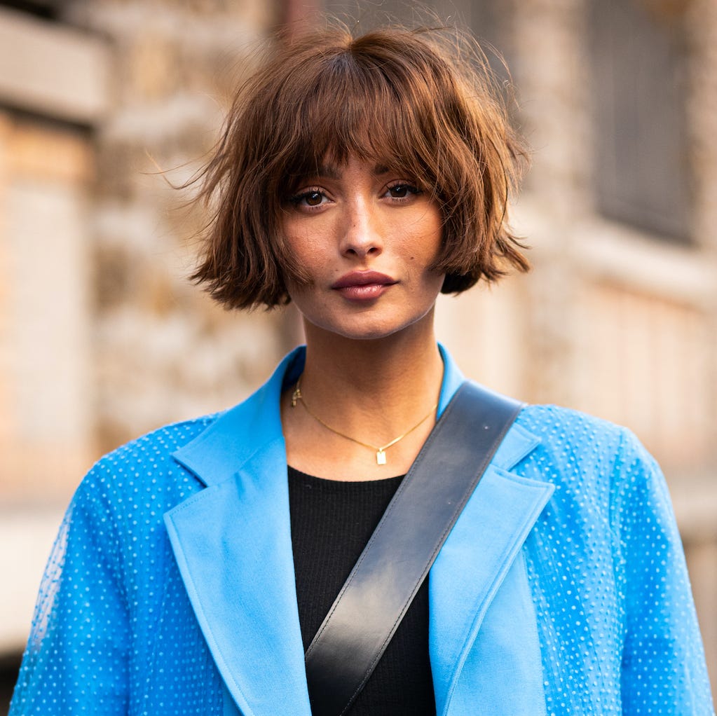 Chin Length Bob With Blunt Bangs, Medium Brown — Choppy Bob