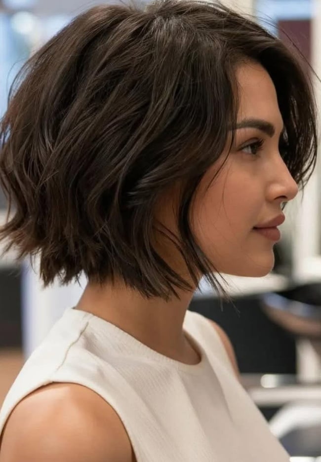 Chin Length Bob With Side Swept Framing, Wavy Medium — Choppy Bob
