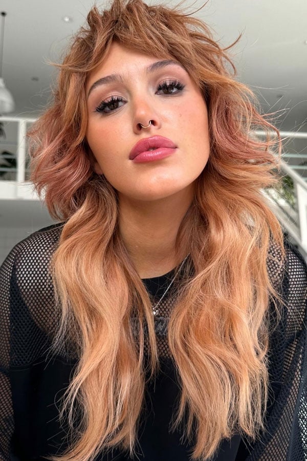 Shoulder Length Shag With Rose Gold Micro Bangs Shoulder Length Shag With Rose Gold Micro Bangs — Choppy Layers