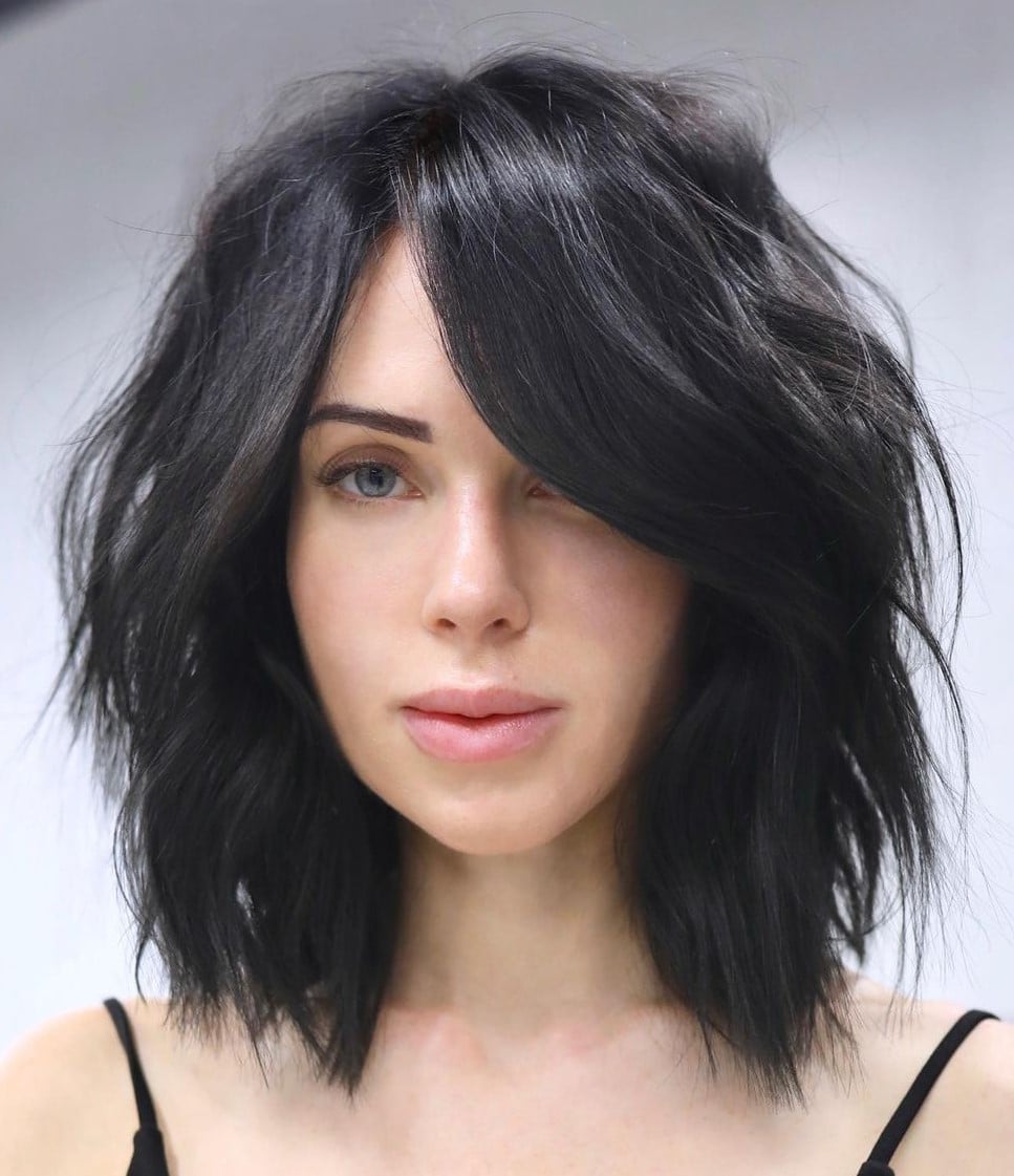 Dark Brown Choppy Bob With Side-Swept Bangs Dark Brown Choppy Bob With Side-Swept Bangs — Choppy Layers
