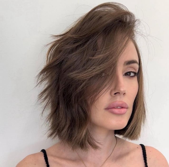 Chin Length Bob With Choppy Layers And No Bangs, Medium Brown Chin Length Bob With Choppy Layers And No Bangs, Medium Brown