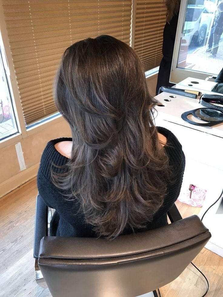 Mid-Back Dark Brown Hair With Stacked Choppy Layers Mid-Back Dark Brown Hair With Stacked Choppy Layers