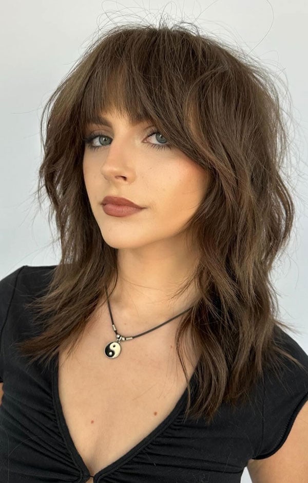 Dark Brown Collarbone Shag With Full Fringe Dark Brown Collarbone Shag With Full Fringe — Choppy Layers