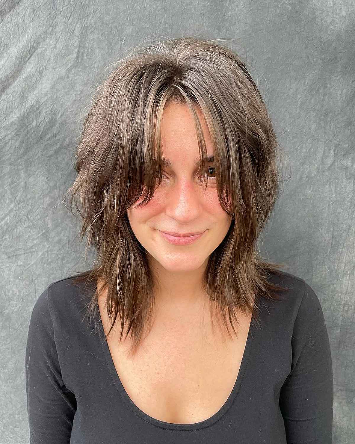 Medium Brown Layered Lob With Face Framing Medium Brown Layered Lob With Face Framing — Choppy Layers