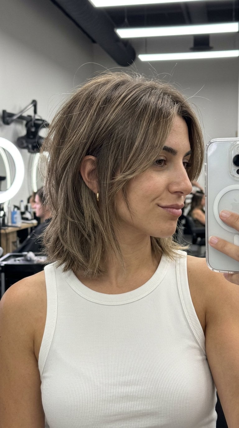 Medium Brown Lob With Choppy Layers And Curtain Bangs Medium Brown Lob With Choppy Layers And Curtain Bangs