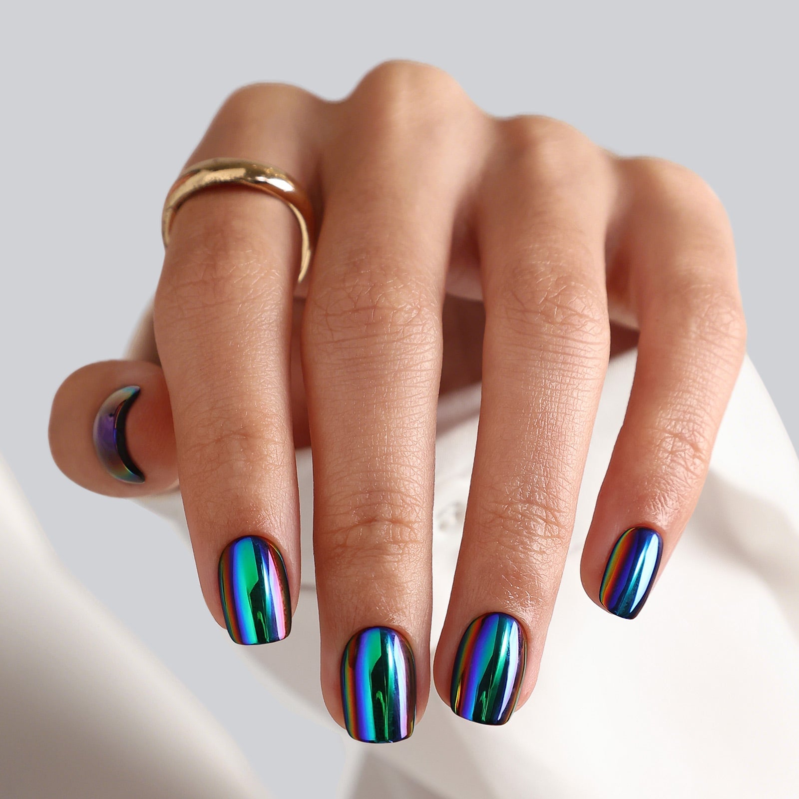 Chrome Purple Green Short Square Press-On Nails