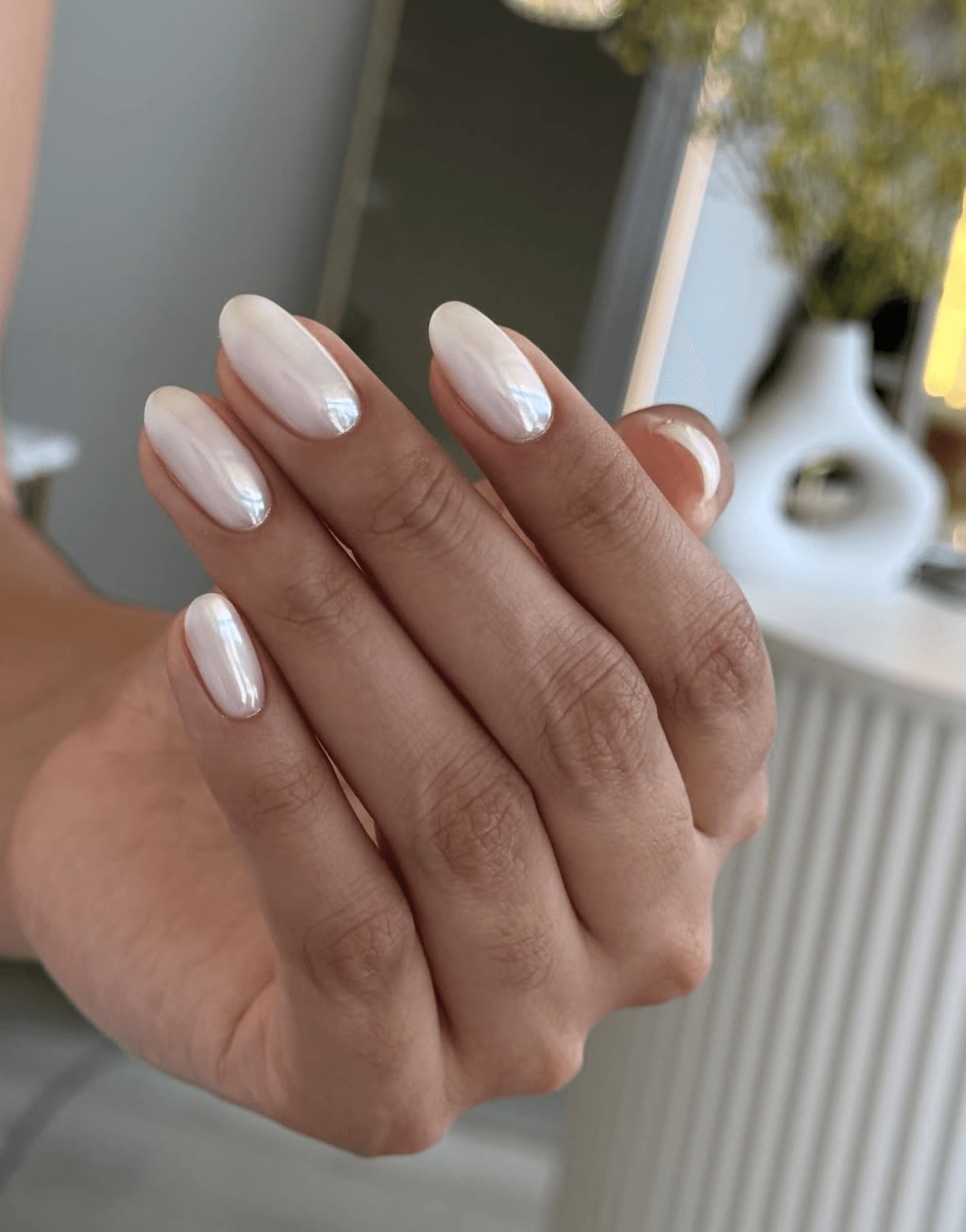 Milky White Chrome Short Almond Nails, Showcasing A Smooth Milky White Chrome Short Almond Nails, Showcasing A Smooth — Chrome Nails