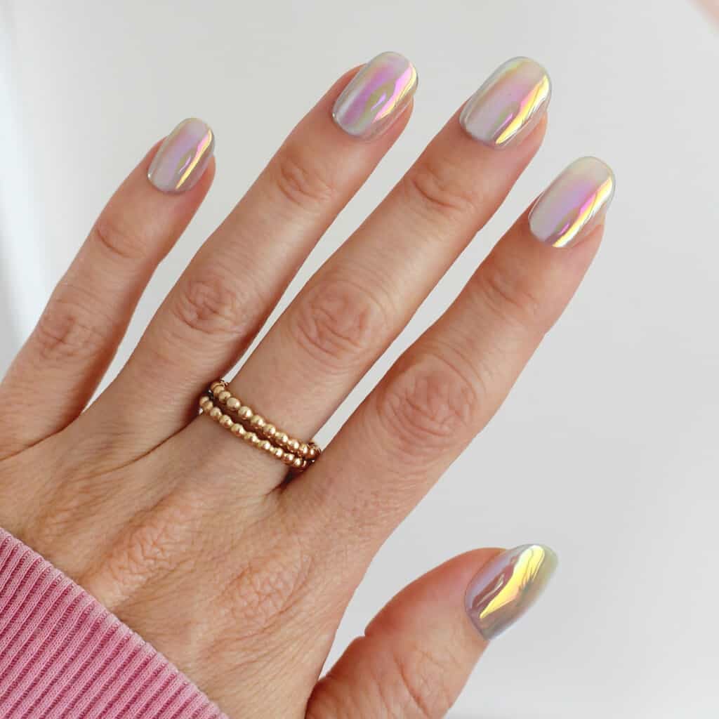 Iridescent White Pink Yellow Medium Almond Chrome Nails Iridescent White Pink Yellow Medium Almond Chrome Nails
