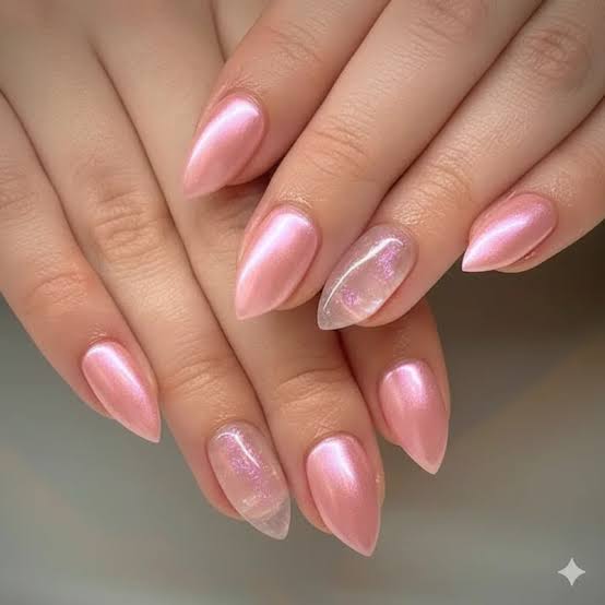 Pale Pink Chrome Flakes Medium Almond Nails Pale Pink Chrome Flakes Medium Almond Nails — Chrome Nails