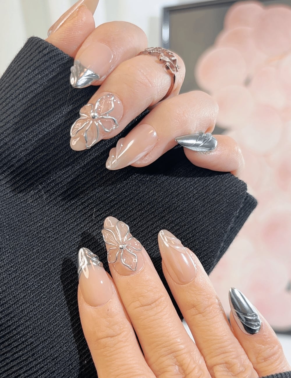 Long Almond Nails with Silver Floral Accents Long Almond Nails with Silver Floral Accents — Chrome Nails