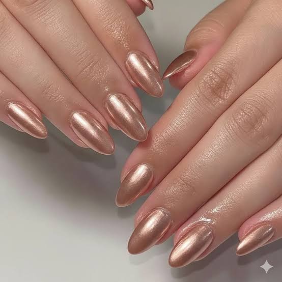 Rose Gold Chrome Medium Almond Nails Rose Gold Chrome Medium Almond Nails — Chrome Nails
