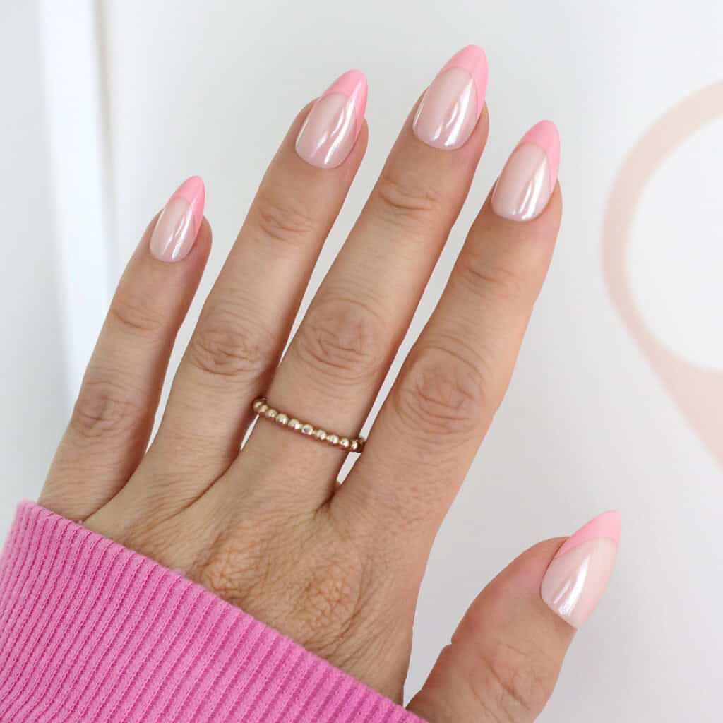 Sheer Pink Chrome French Tip Medium Almond Nails Sheer Pink Chrome French Tip Medium Almond Nails — Chrome Nails