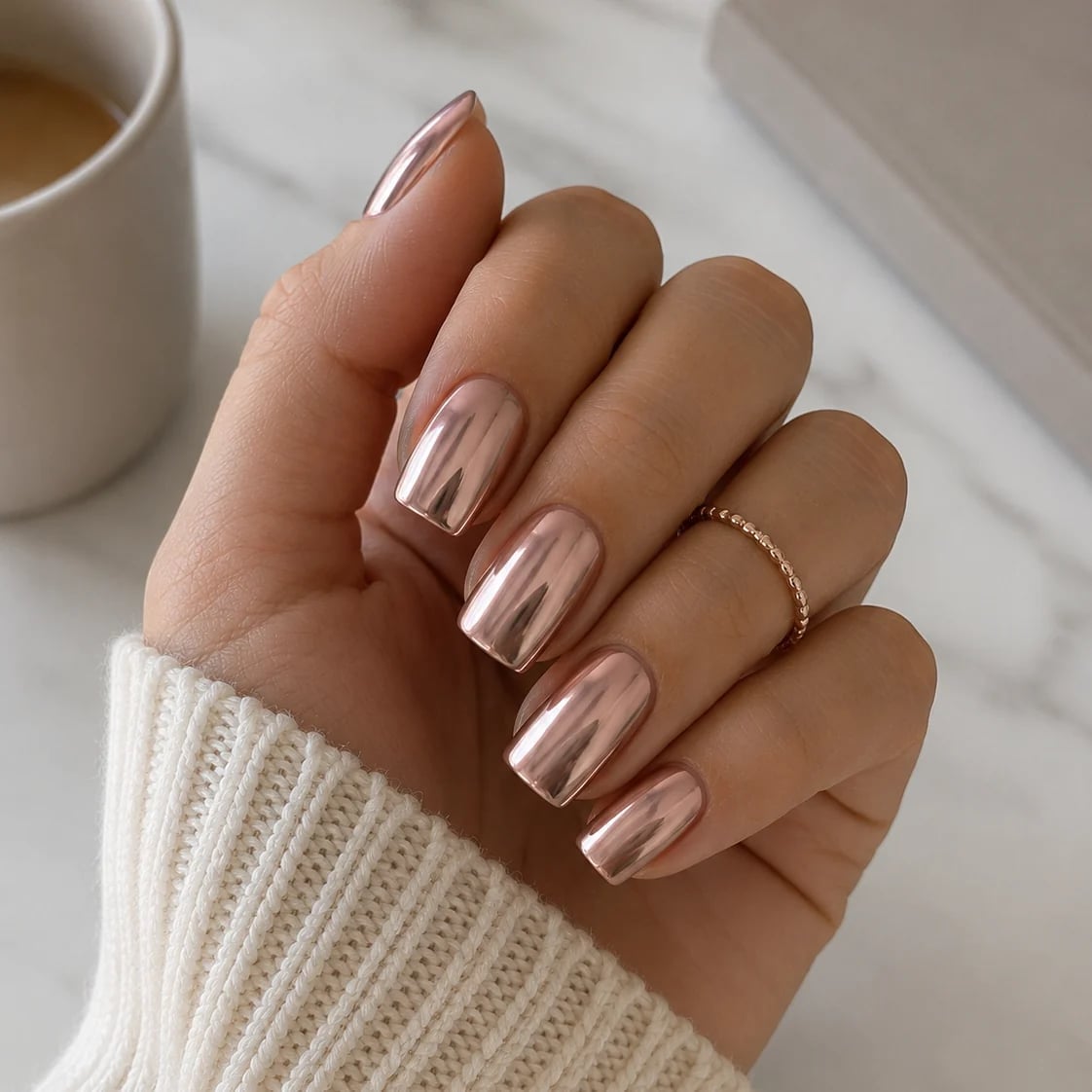 Rose Gold Mirror Short Square Nails Rose Gold Mirror Short Square Nails — Chrome Nails