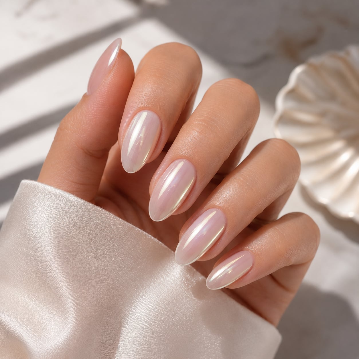 Brilliant Silver Mirror Short Almond Nails, Close-Up Take Brilliant Silver Mirror Short Almond Nails, Close-Up Take — Chrome Nails