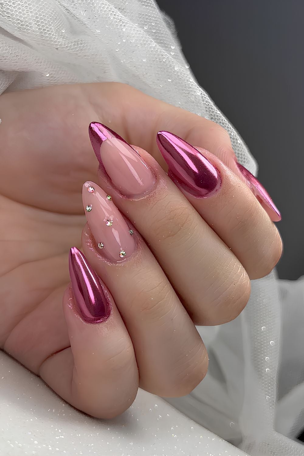 Pink Chrome Almond Nails with Rhinestones Pink Chrome Almond Nails with Rhinestones — Chrome Nails