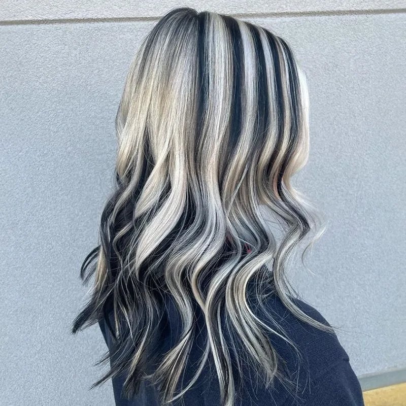 Mid-Back Length With Platinum Blonde Chunky Stripes Mid-Back Length With Platinum Blonde Chunky Stripes — Chunky Highlights