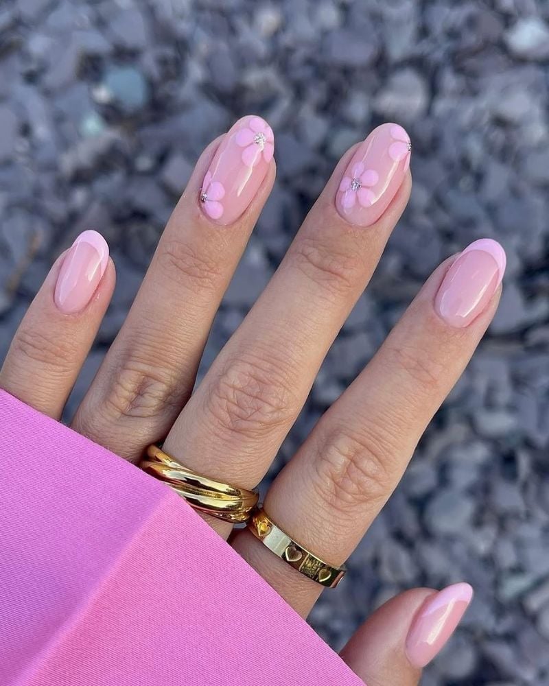 Pale Pink Floral French Short Oval Nails Pale Pink Floral French Short Oval Nails — Classy Nails